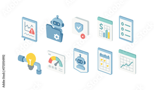 Technology and robotics icon set: 3d style for data, security, and finance presentation
