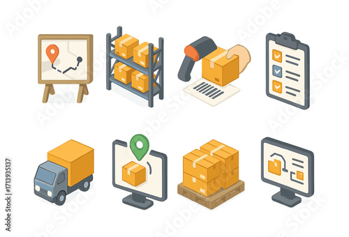 Logistics, shipping isometric icon set. delivery, warehouse management flat collection