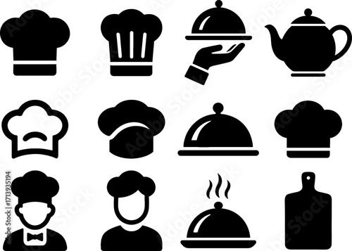 Black and White Culinary Icon Set Featuring Chef Hats, Serving Dishes, Teapot, Cutting Board, and Kitchen Staff for Restaurant Menus and Cooking App Design