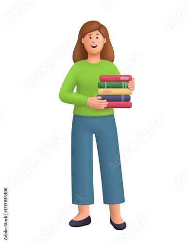 Young smiling woman Kate holding book stack. Teacher, student or office worker. Education, reading, library, learning and knowledge concept. 3d vector people character. Cartoon minimal style.