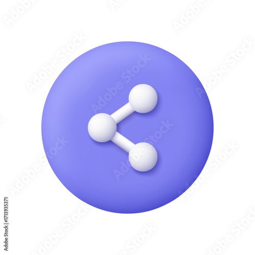 Share symbol on purple circle button. Social media sharing, communication, digital connection and user interface concept. 3d vector icon. Cartoon minimal style.