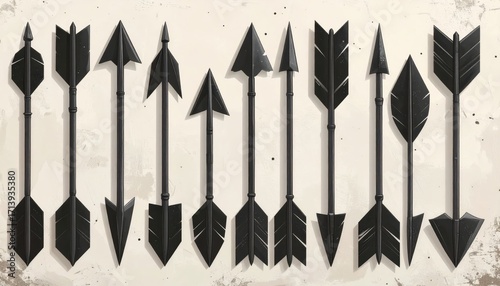 A collection of stylized, dark black arrows arranged in a row against a textured, light background.