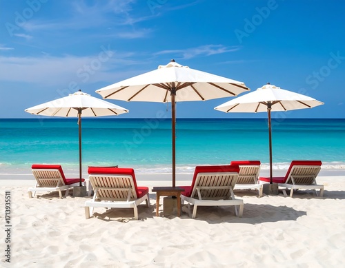 Tropical beach scene with umbrellas and chairs (1)