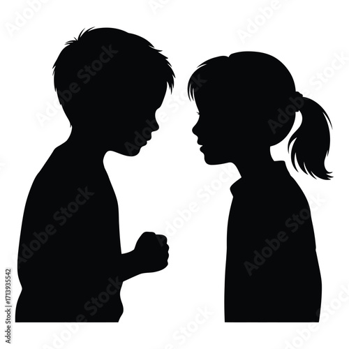 Silhouette of a young boy and girl facing each other with a serious expression