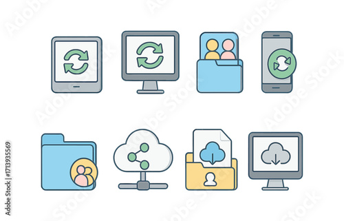Cloud computing flat icon set. data storage, syncing, technology icons flat style