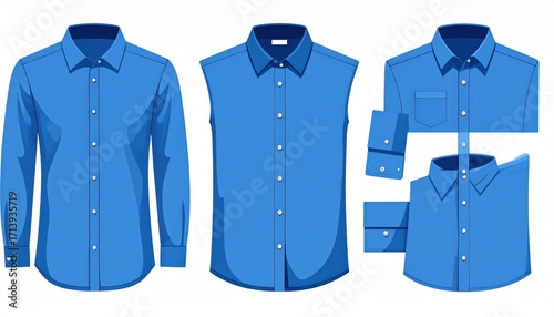 Various views of a vibrant blue dress shirt, showcasing the design and construction elements.