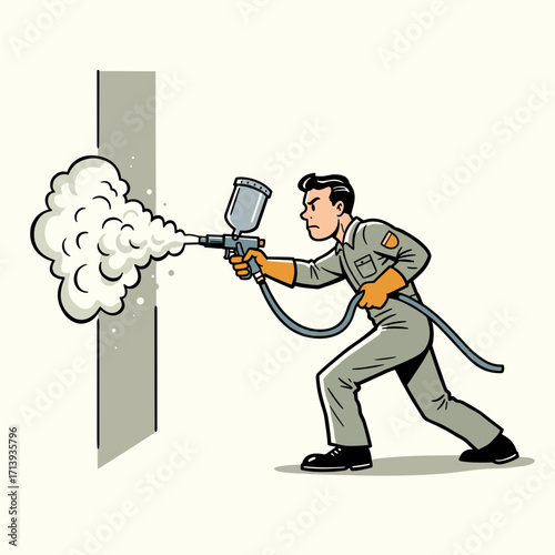 Man applying spray foam insulation to wall during repair process  