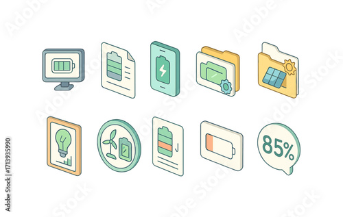 Energy and battery 3d icon set: charging, environment, power indicators