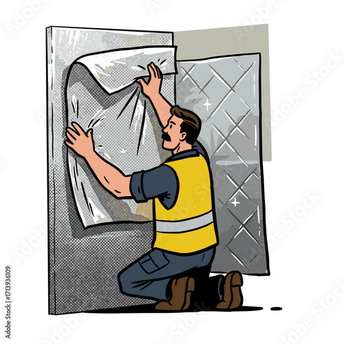Male worker installing reflective thermal insulation on wall  