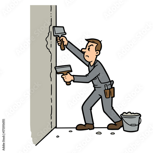 Man repairing drywall joint while working indoors in casual attire  