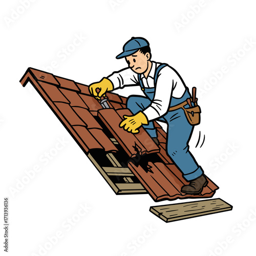 Man replacing broken roof tile while standing on rooftop concept of repair  