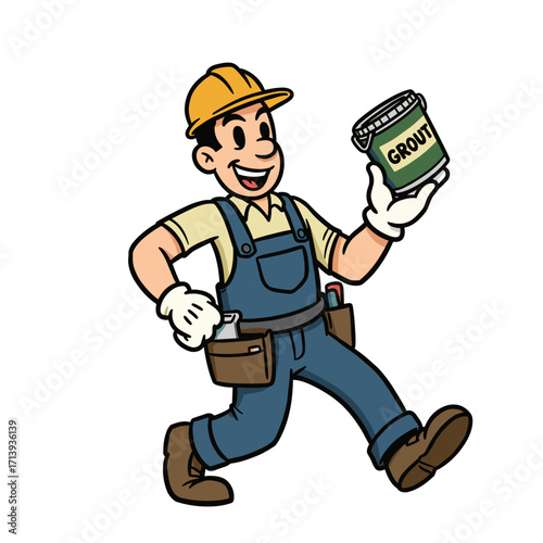 Cartoon construction worker smiling while holding grout container  