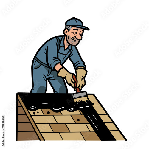 Roofer applying bitumen coating on sloped roof during repair  