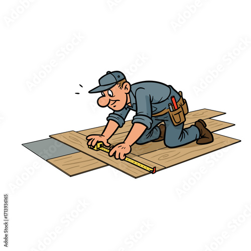 Plumber laying laminate floor with measuring tape during installation  