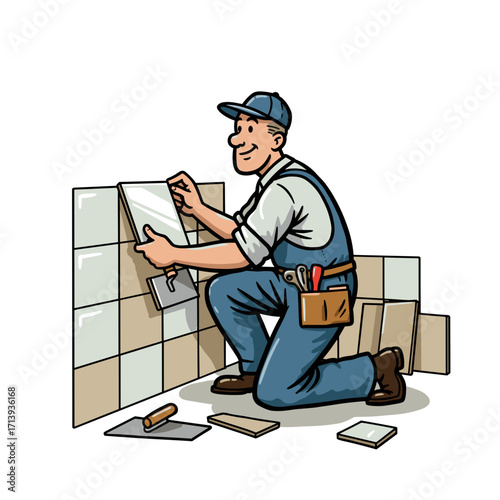 Plumber installing wall tiles while kneeling on the floor  