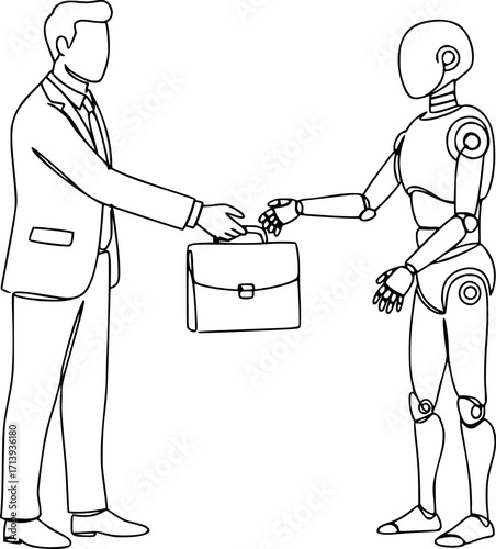 A businessman hands over his work briefcase to a biorobot. Concepts of delegating authority, replacing humans with code, artificial intelligence, and automating business processes.