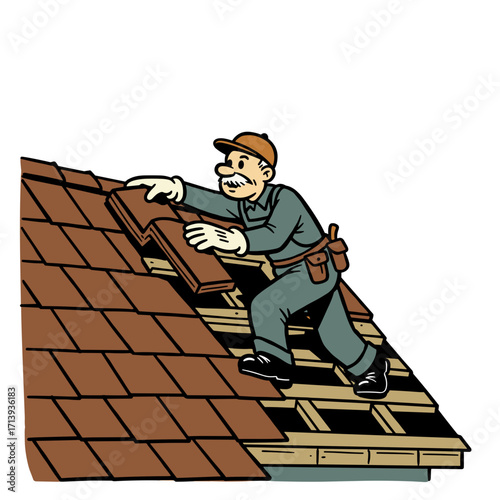 Roofer installing shingles on rooftop during home repair process  