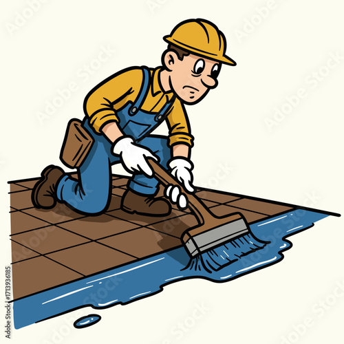 Roofer applying waterproof coating on tiled surface during repair  