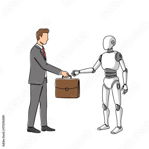 A businessman hands over his work briefcase to a biorobot. Concepts of delegating authority, replacing humans with code, artificial intelligence, and automating business processes.