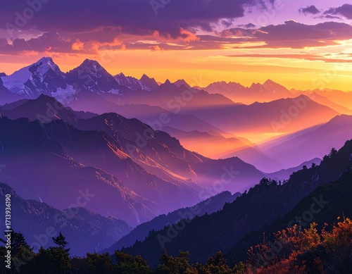 A breathtaking vista of mountain ranges bathed in warm sunset hues, showcasing a dramatic interplay of colors and light.