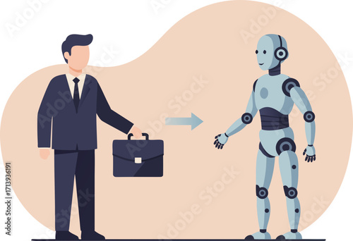 A businessman hands over his work briefcase to a biorobot. Concepts of delegating authority, replacing humans with code, artificial intelligence, and automating business processes.