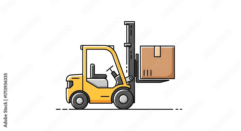 Naklejka premium Yellow forklift lifting a cardboard box.