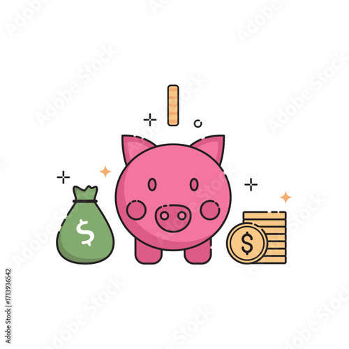 Piggy bank, money bag, coins