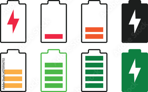 Battery icon set. Charge indicator. Energy power accumulator. Battery charging level