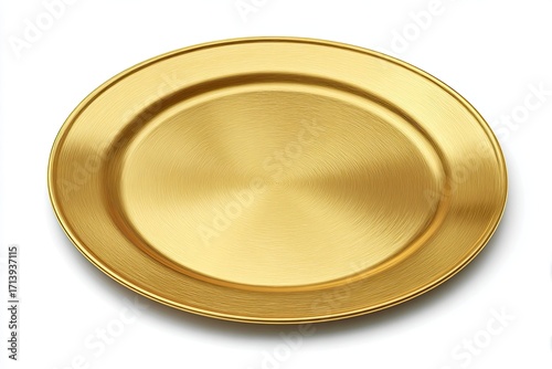 Gold oval plate with a circular texture on a white background with a subtle shadow