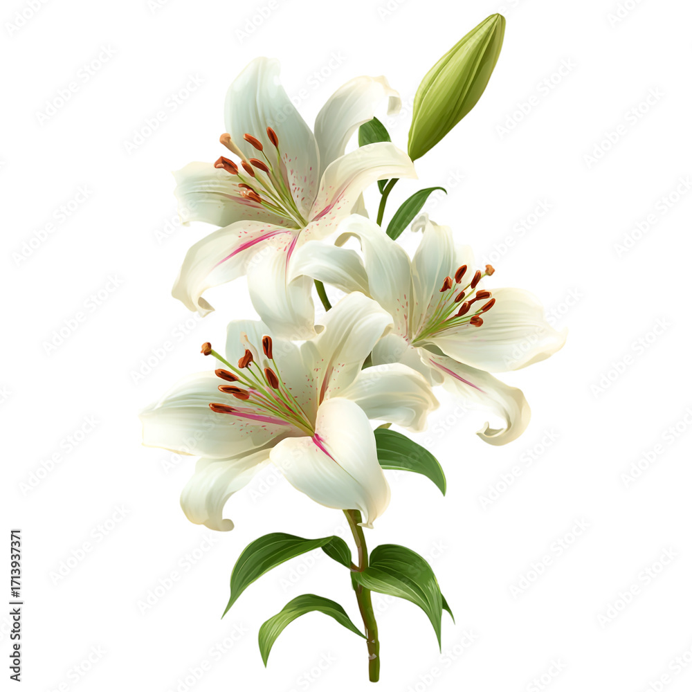 Fototapeta premium Elegant white lily flower isolated on transparent background, a symbol of purity and beauty isolated on a transparent background