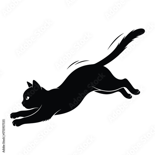 Black Cat in Silhouette: A sleek, black cat in silhouette gracefully leaps through the air, embodying agility and feline elegance. It is clean, crisp lines creating a striking visual.