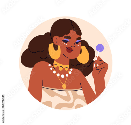 Girl with lollipop in hand, circle avatar. Black woman, sassy female with makeup, earrings, accessories, holding lolly candy, round portrait. Flat vector illustration isolated on white background