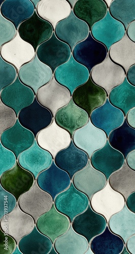 Intricate, flowing, teal, and grey, patterned tiles