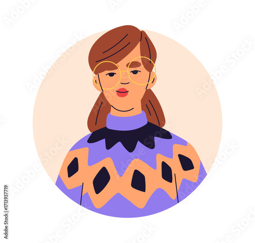 Young smart woman in round glasses, sweater, head avatar. Careless messy girl, face portrait. Female nerd character in eyeglasses, eyewear. Flat vector illustration isolated on white background