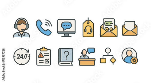 Communication and service icon set. customer support, call center flat icons