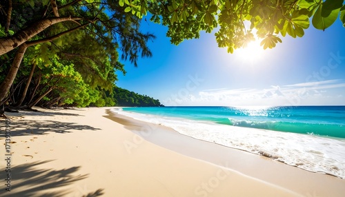 Tropical beach scene with vibrant colors and lush vegetation