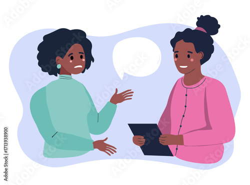 Psychotherapy session. Woman talking to psychologist. African american females patient and psychologist. Emotional well-being, stress relief. Mental health concept. Flat vector illustration.