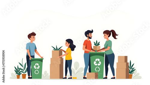 Ecology A family separating recycling at home, scene isolated on a white background, representing sustainable living, environmental action(2)