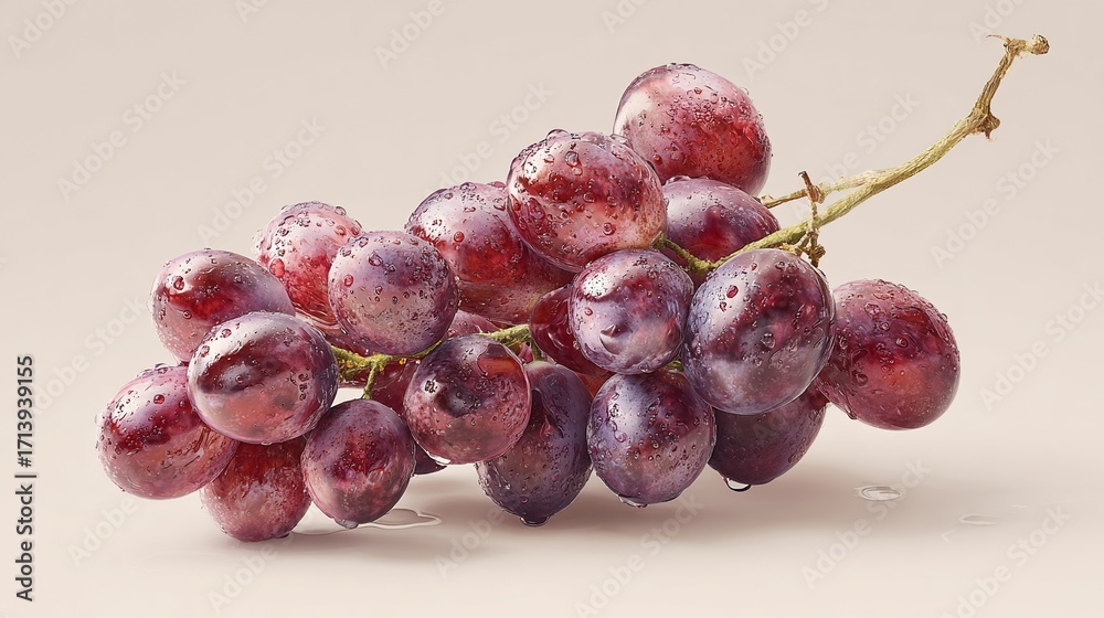 Fototapeta premium Close-up of a bunch of red grapes covered in water droplets, against a light beige background