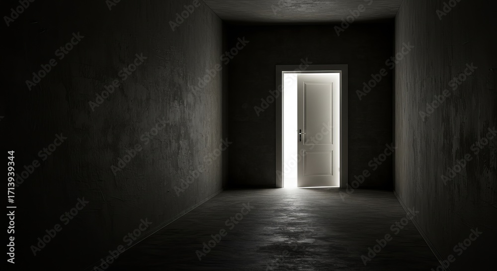 Fototapeta premium A mysterious hallway with a slightly open white door, creating a contrast of light and darkness.
