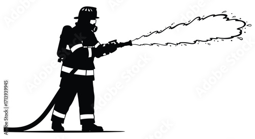 A silhouette of a firefighter powerfully directing a stream of water