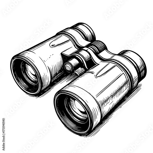 Hiking binoculars, black and white sketch. Vector illustration. Drawing of binoculars with shiny lenses and adjustable eyecups, isolated on a white background.