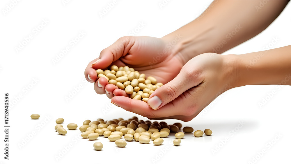 Obraz premium Ecology A hand sorting organic beans for planting, isolated on a white background, representing sustainable farming, seed saving, and eco agriculture (2)