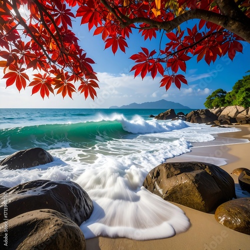 Tropical beach scene with vibrant foliage