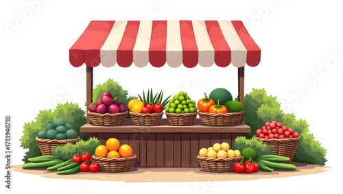 Ecology A market stand with baskets of fresh produce, scene isolated on a white background, suitable for local agriculture visuals, farm-to-table (2)