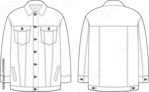 men denim jacket  flat sketch apparel front and back view.