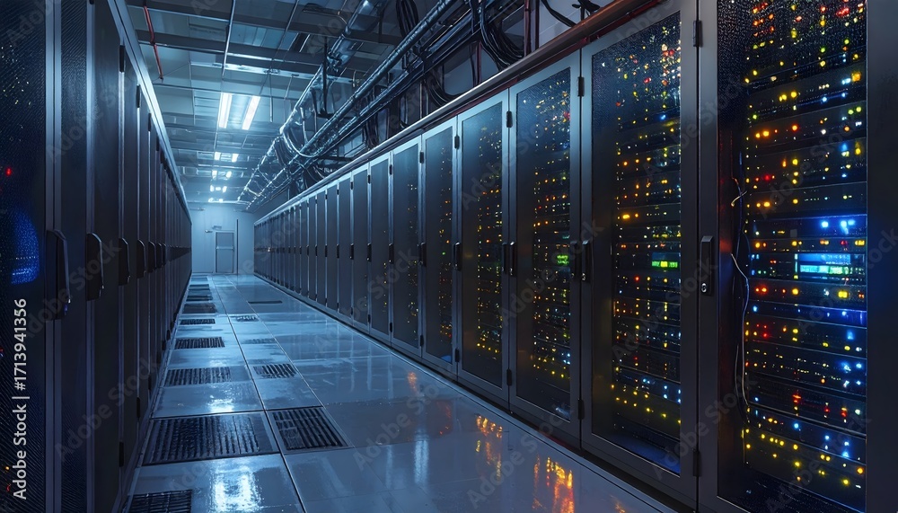 Fototapeta premium A detailed interior shot of a server room with long rows of server racks and blinking network lights, representing modern technology, data, and immense computing power