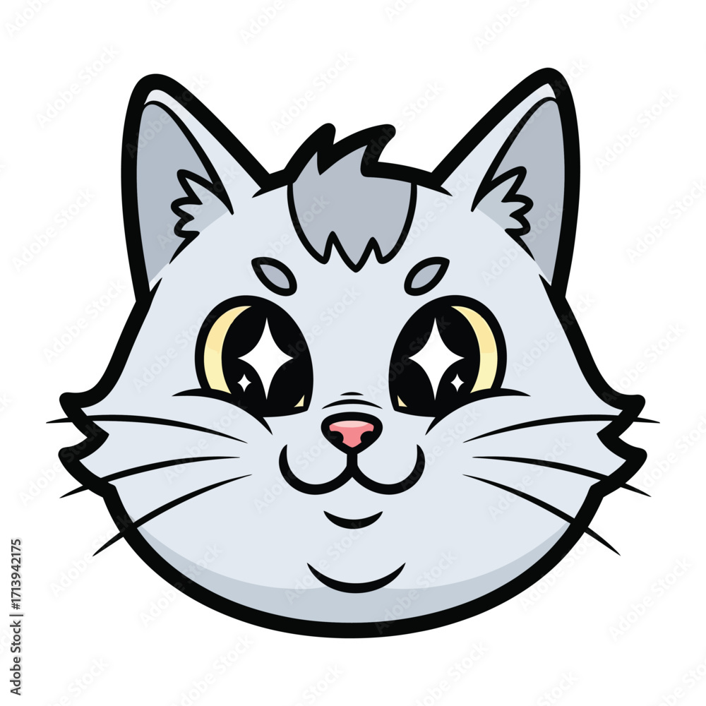 Obraz premium Animated Feline Portrait: A charming and adorable cartoon of a domestic cat with large, expressive eyes and a playful smile, perfect for a children's book illustration or a whimsical design.