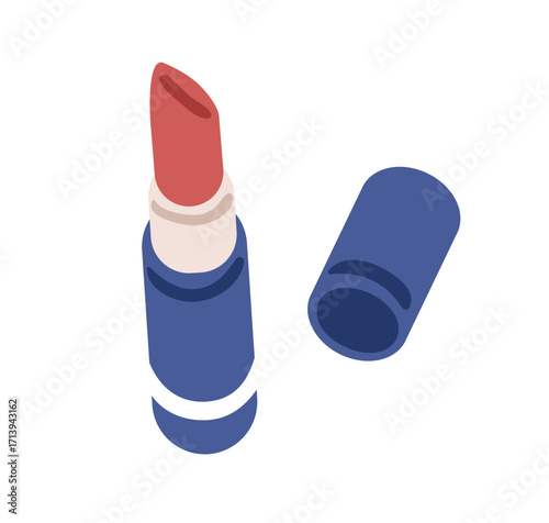 Lipstick, open stick, tube and cap, lid. Red shade for lips makeup. Beauty make-up accessory, decorative cosmetic product icon. Flat vector illustration isolated on white background