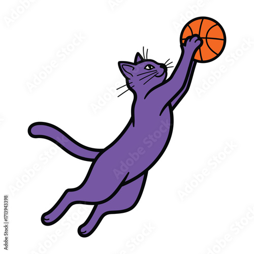 Cat Dunking a Ball: A playful cat, embodies agility and skill, soaring through the air to dunk a basketball with precision and determination, showcasing the animal's athletic prowess.